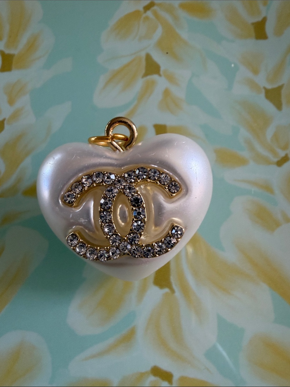 Pearl Heart Pendant Charm with Crystal Logo Accent - White